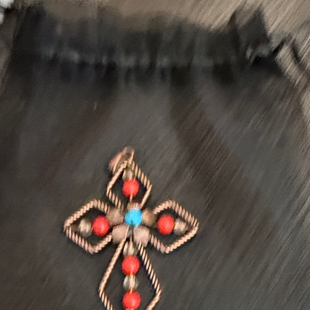 Copper Cross Pendant with Red and Turquoise Beads - Picture 4 of 6